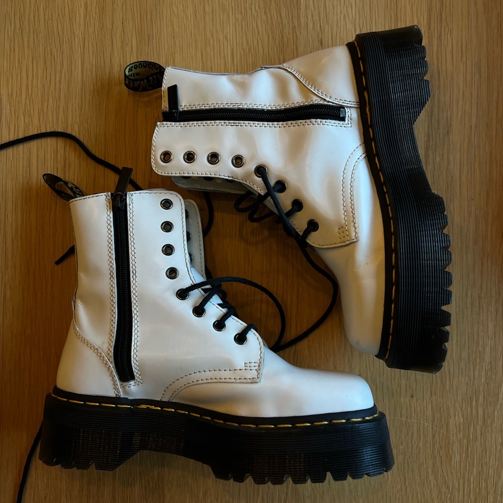 Dr. Martens White Lace-Up Platform Combat Boots with Black Soles